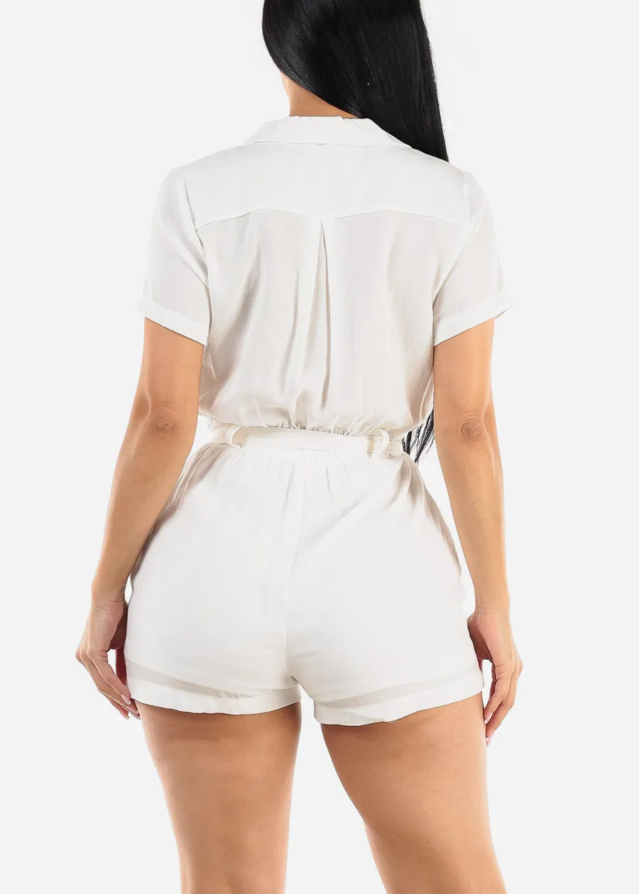 White Short Sleeve Button Up Belted Romper sold by Moda product image thumbnail 4