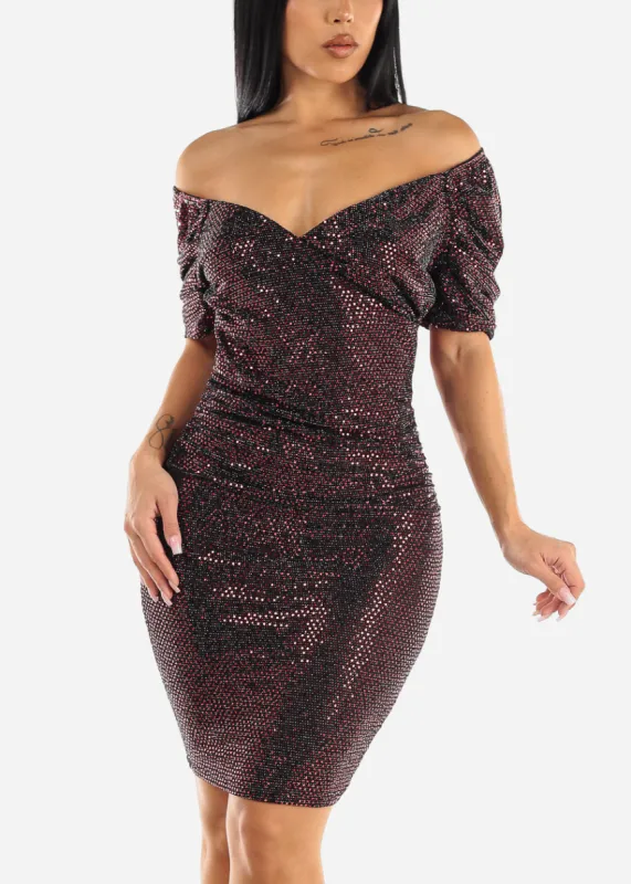 Sexy Off Shoulder Red Sequin Stretchy Knee Length Dress sold by Moda