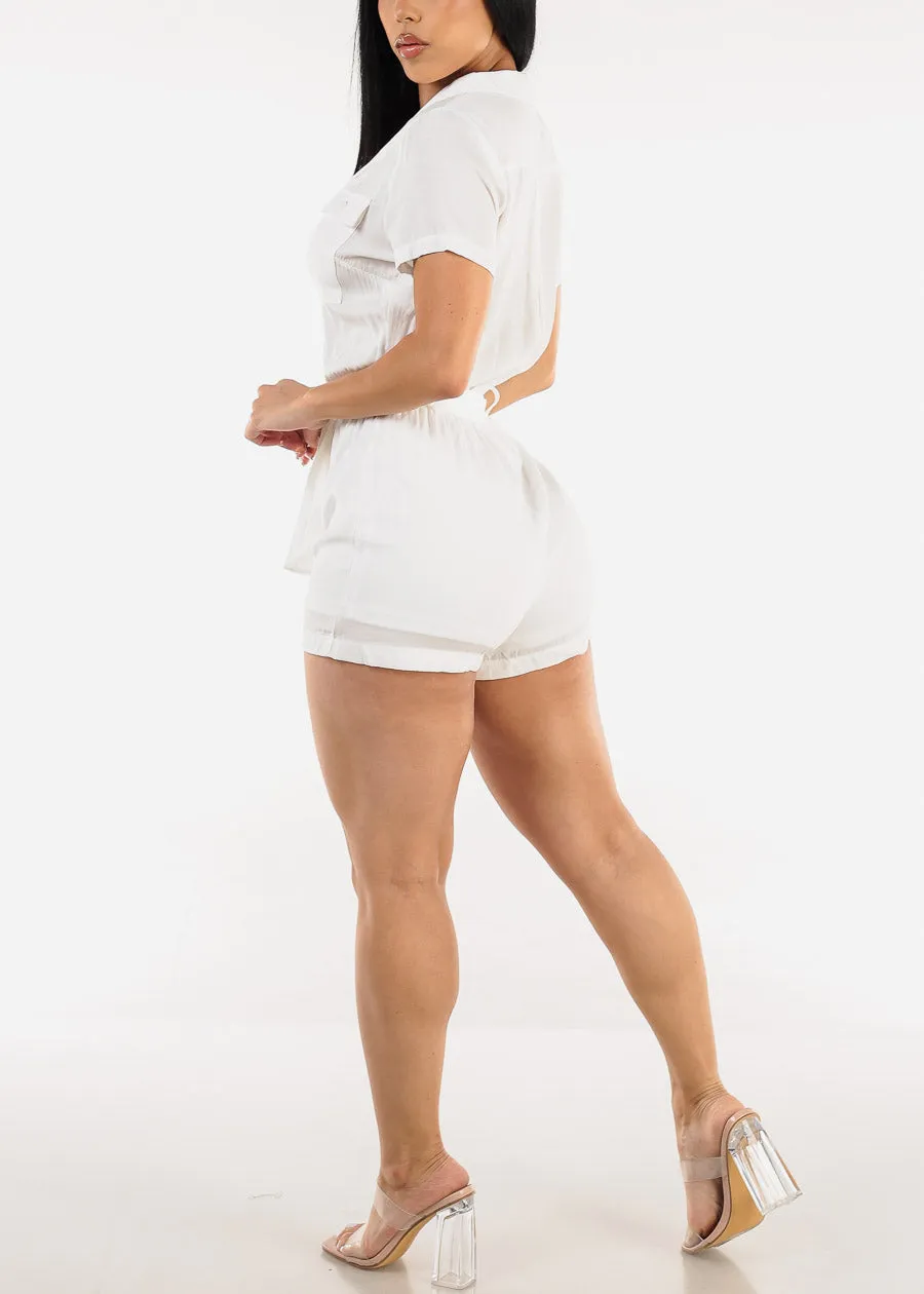 White Short Sleeve Button Up Belted Romper sold by Moda product image thumbnail 5