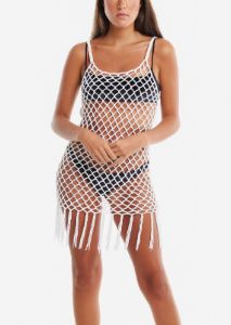 Fishnet Crochet Cover Up Dress White sold by Moda