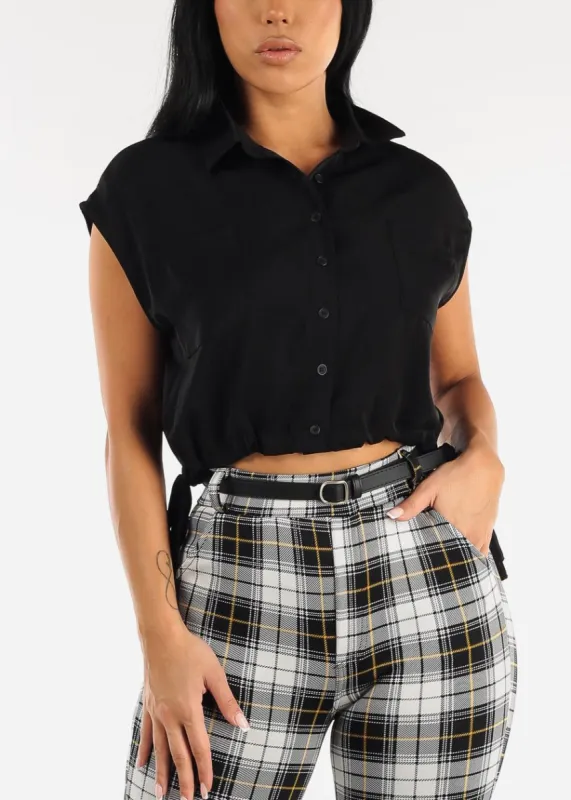 Black Button Up Shirt w Adjustable Drawstring Hem sold by Moda