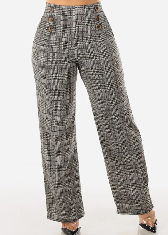 High Waist Plaid Wide Leg Straight Dress Pants Brown sold by Moda