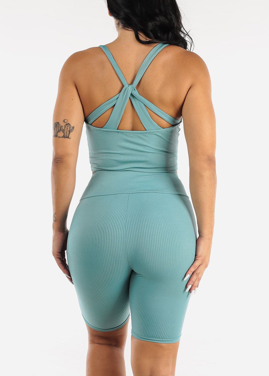 Cropped Tank Top & Overlap Waist Biker Shorts Aqua ( 2 PCE SET) sold by Moda product image thumbnail 5
