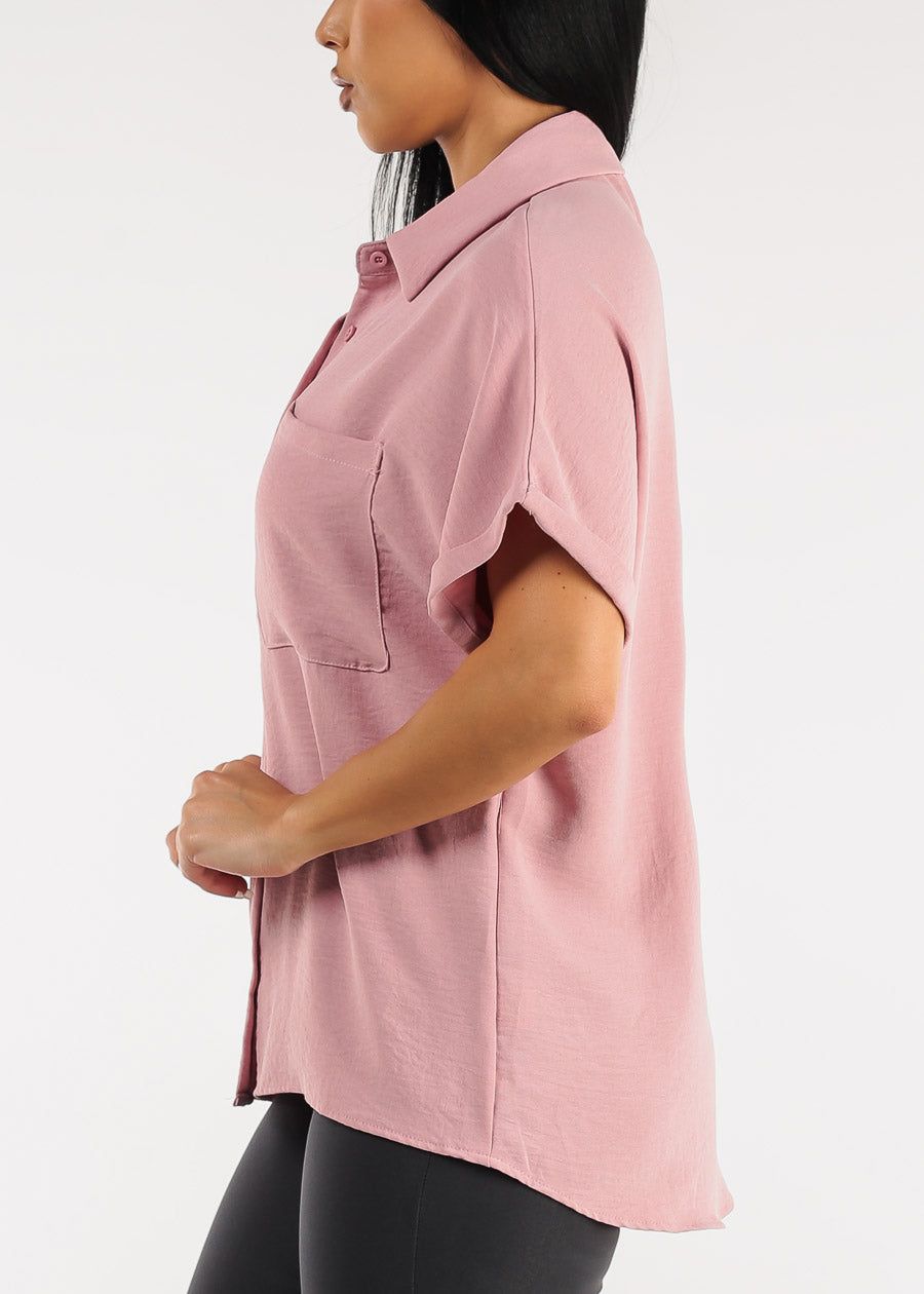 Short Sleeve Relaxed Fit Button Up Shirt Blush sold by Moda product image thumbnail 3