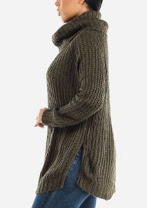 Long Sleeve Turtleneck Knitted Tunic Sweater Olive sold by Moda