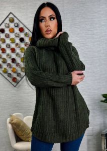 Long Sleeve Turtleneck Knitted Tunic Sweater Olive sold by Moda