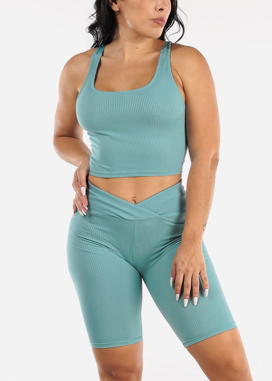 Cropped Tank Top & Overlap Waist Biker Shorts Aqua ( 2 PCE SET) sold by Moda product image thumbnail 3