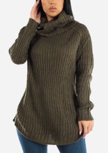 Long Sleeve Turtleneck Knitted Tunic Sweater Olive sold by Moda