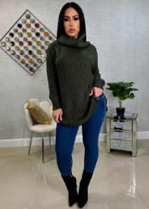 Long Sleeve Turtleneck Knitted Tunic Sweater Olive sold by Moda