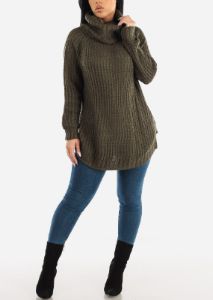 Long Sleeve Turtleneck Knitted Tunic Sweater Olive sold by Moda