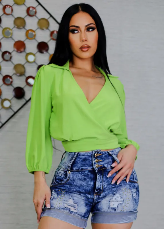 Surplice Tie Back Quarter Sleeve Top Lime sold by Moda