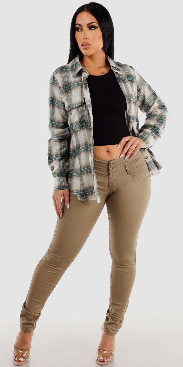 Khaki Low Rise Butt Lifting Skinny Jeans Long Sleeve Black Crop Top and Long Sleeve Plaid Shacket sold by Moda
