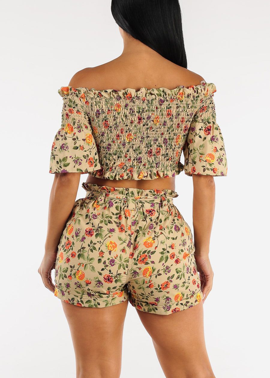 Smocked Off Shoulder Floral Crop Top & Shorts Khaki (2 PCE SET) sold by Moda product image thumbnail 4