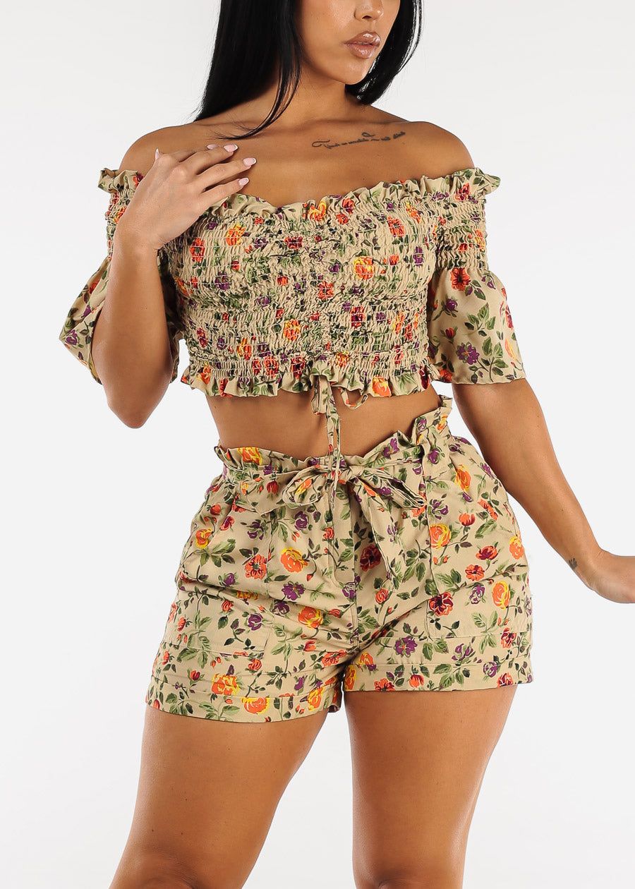 Smocked Off Shoulder Floral Crop Top & Shorts Khaki (2 PCE SET) sold by Moda