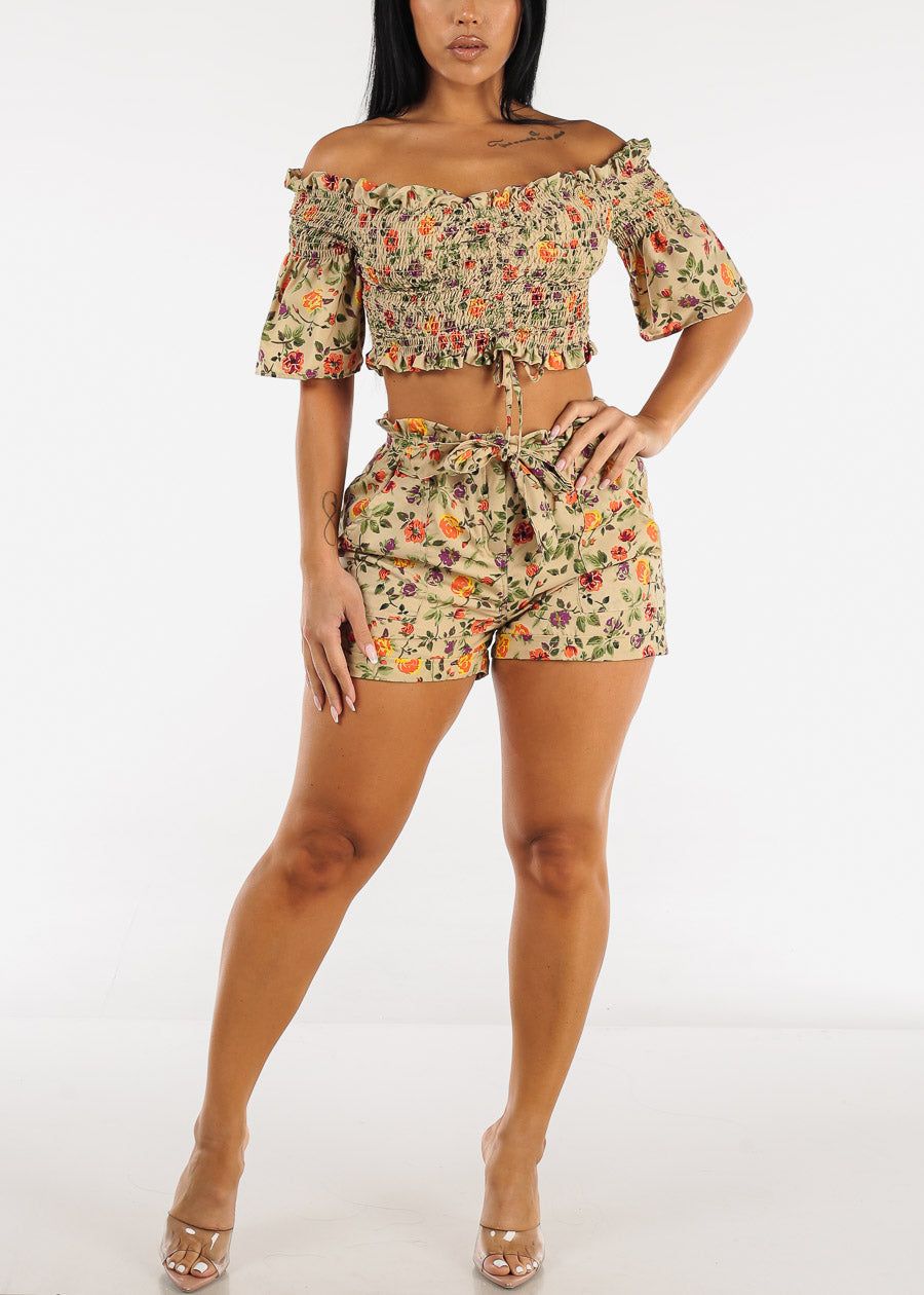 Smocked Off Shoulder Floral Crop Top & Shorts Khaki (2 PCE SET) sold by Moda product image thumbnail 2