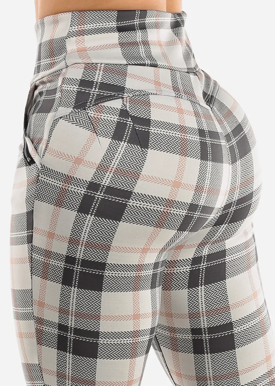 High Waisted Butt Lifting White Plaid Skinny Pants sold by Moda