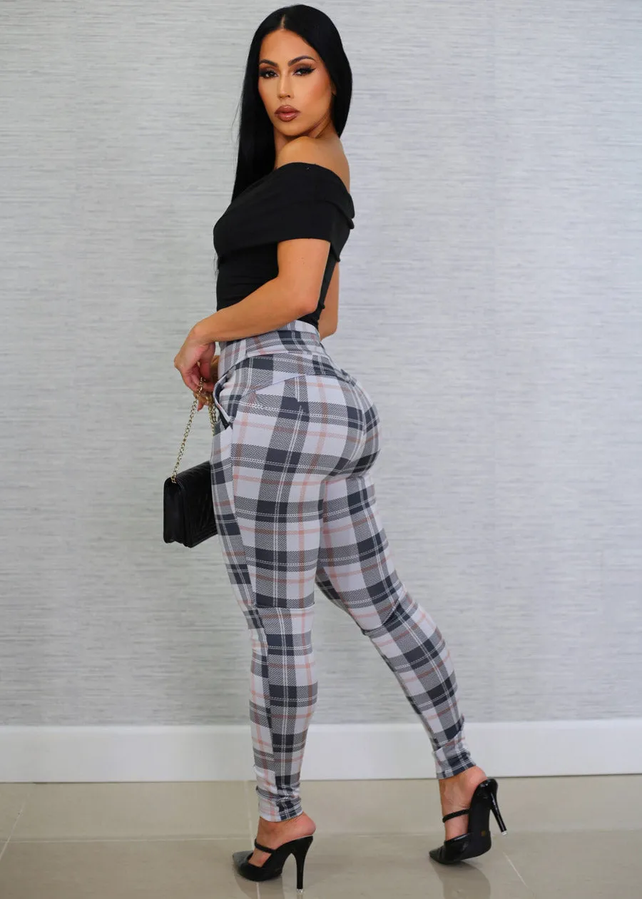 High Waisted Butt Lifting White Plaid Skinny Pants sold by Moda product image thumbnail 3