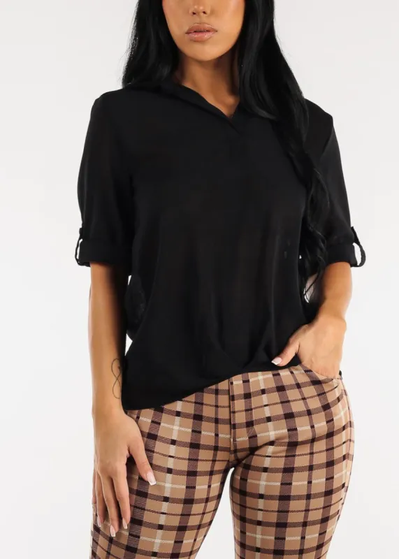 Black High Low Folded Front Loose Collared Tunic sold by Moda