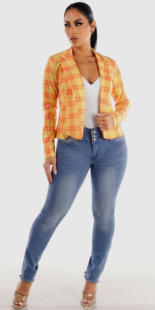 Light Wash Butt Lifting Skinny Jeans White Seamless Bodysuit and Yellow Long Sleeve Plaid Blazer sold by Moda