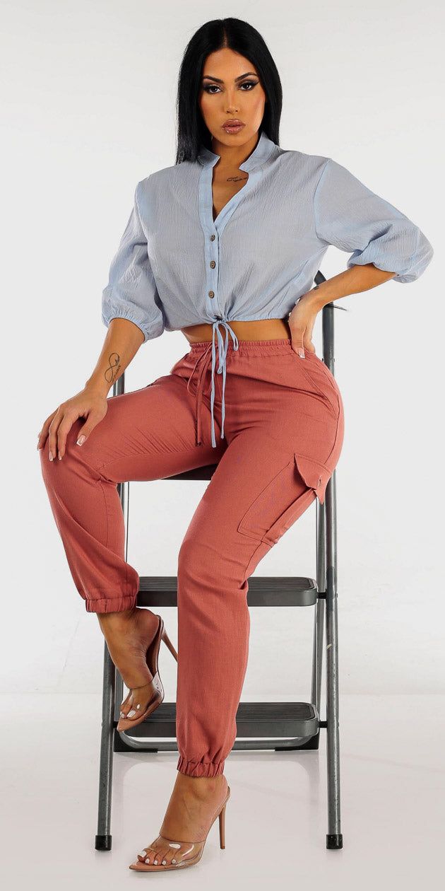 Linen Cargo Jogger Pants Terra with Drawstring Waist Button Up Cotton Shirt sold by Moda product image thumbnail 3