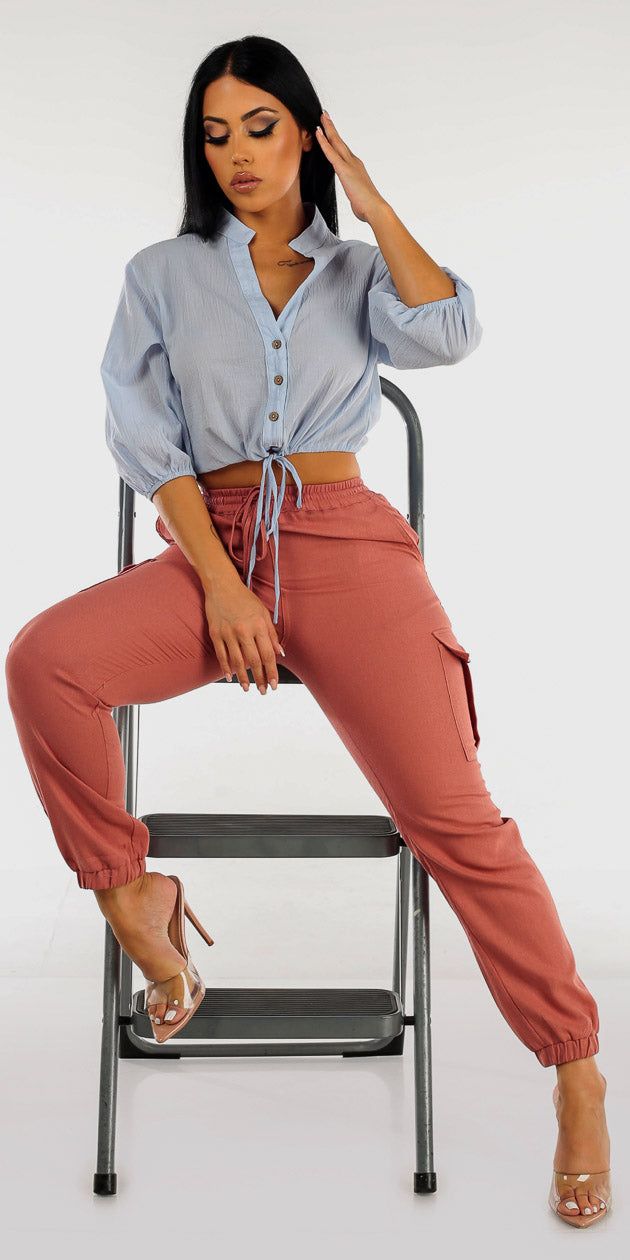 Linen Cargo Jogger Pants Terra with Drawstring Waist Button Up Cotton Shirt sold by Moda