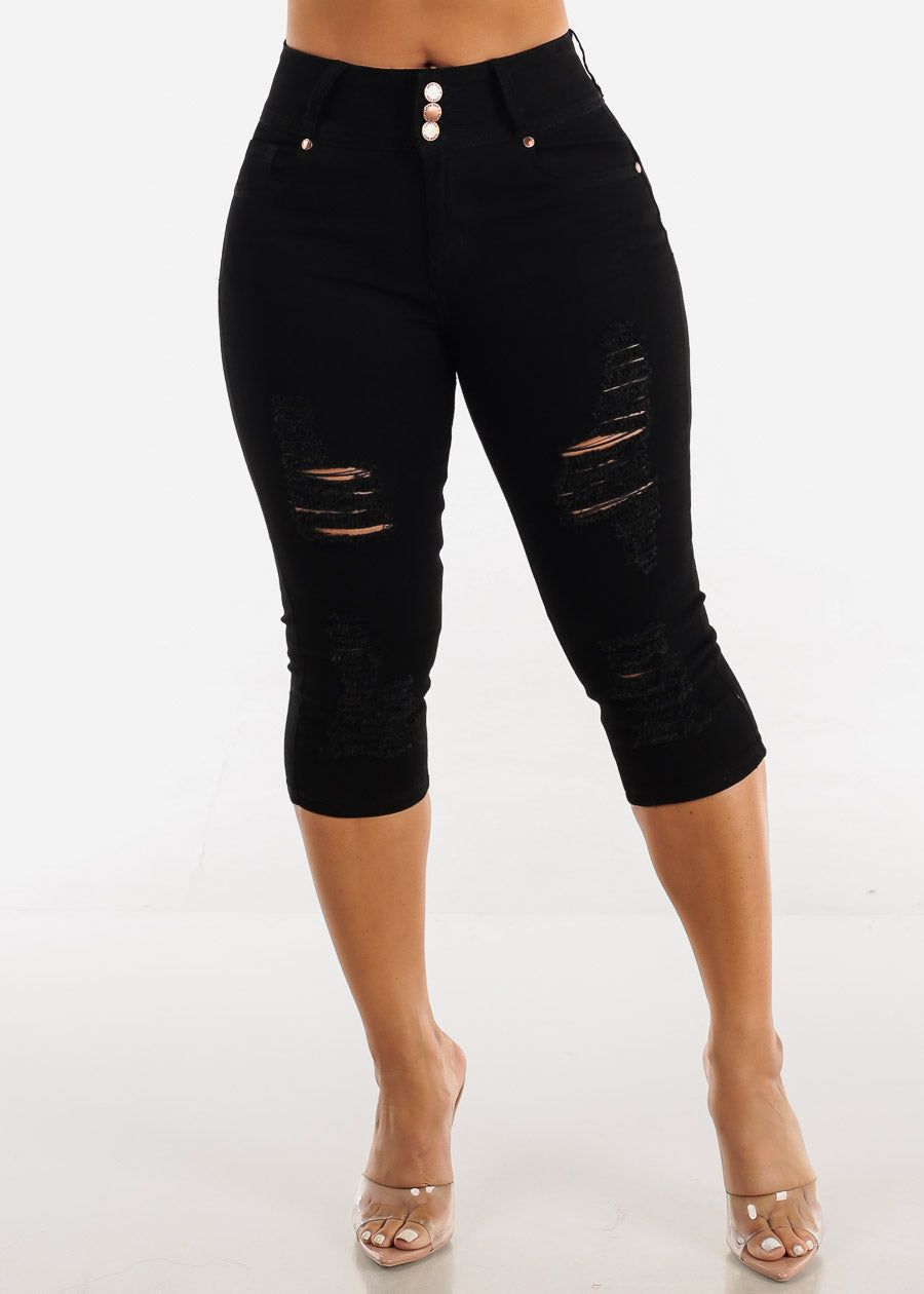 Black High Waist Butt Lifting Ripped Capris sold by Moda product image thumbnail 3