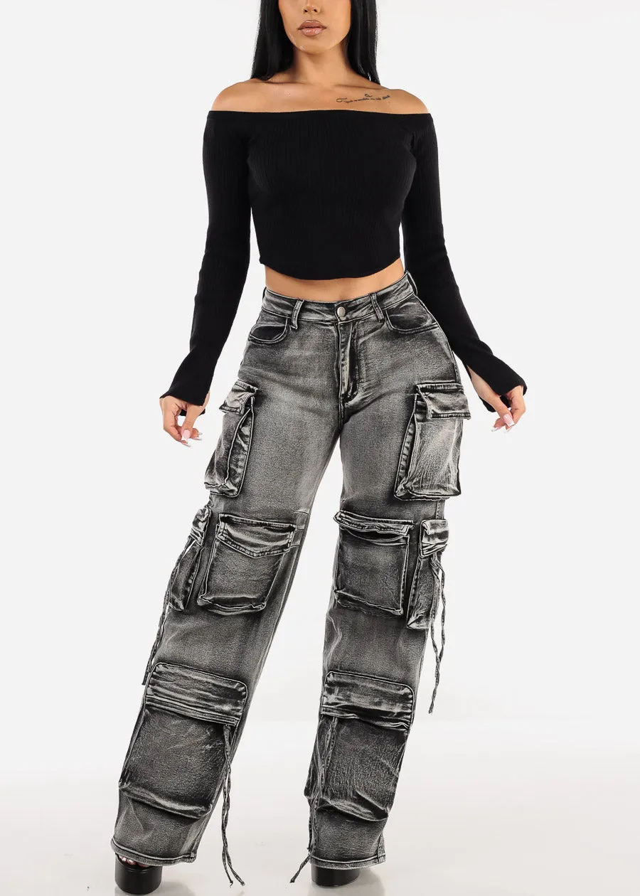 Off Shoulder Long Sleeve Black Cropped Sweater sold by Moda product image thumbnail 4