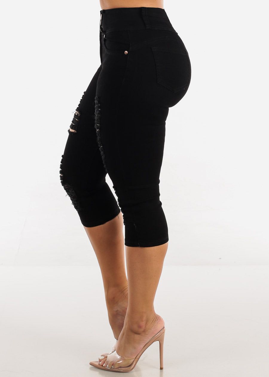 Black High Waist Butt Lifting Ripped Capris sold by Moda product image thumbnail 4