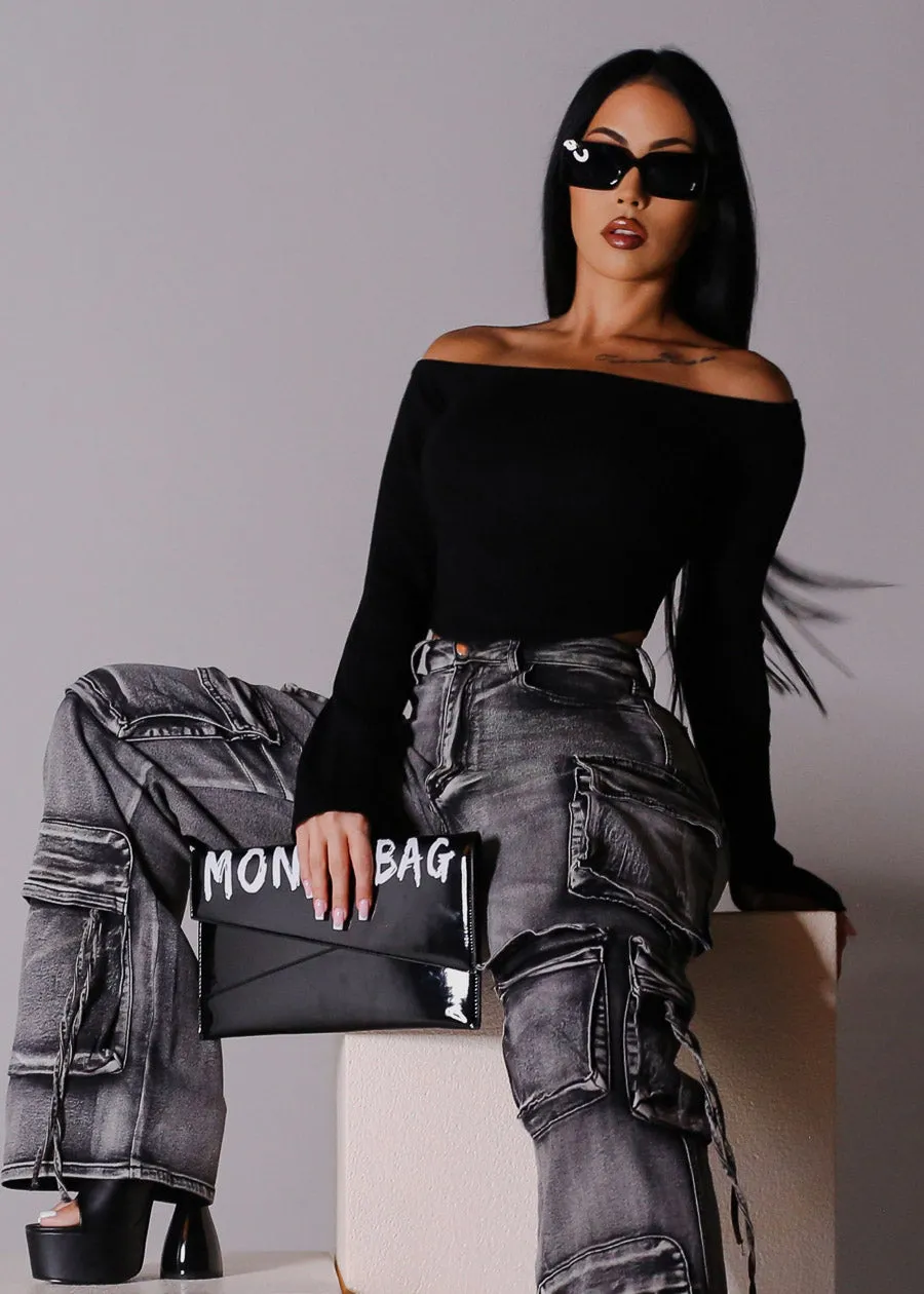 Off Shoulder Long Sleeve Black Cropped Sweater sold by Moda