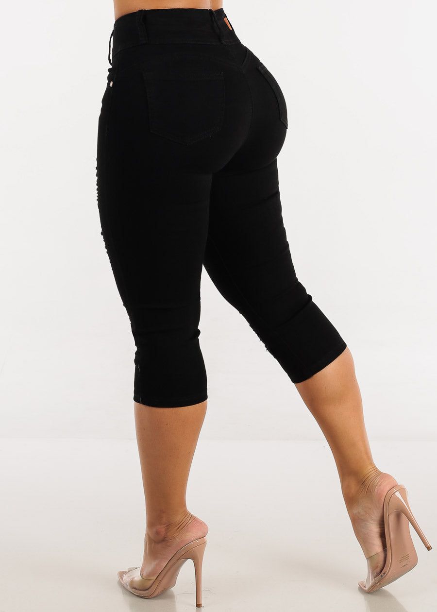 Black High Waist Butt Lifting Ripped Capris sold by Moda
