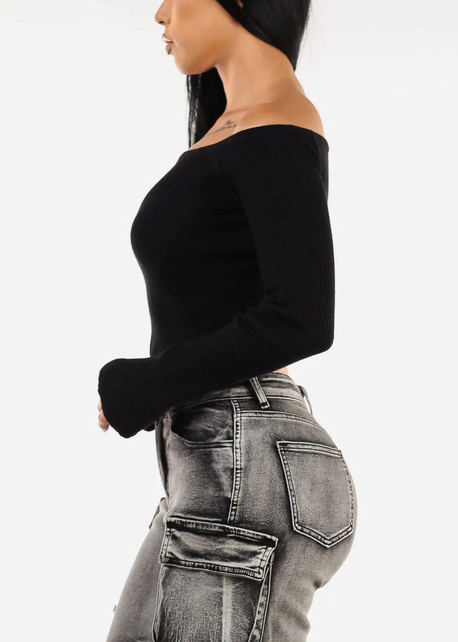 Off Shoulder Long Sleeve Black Cropped Sweater sold by Moda product image thumbnail 5