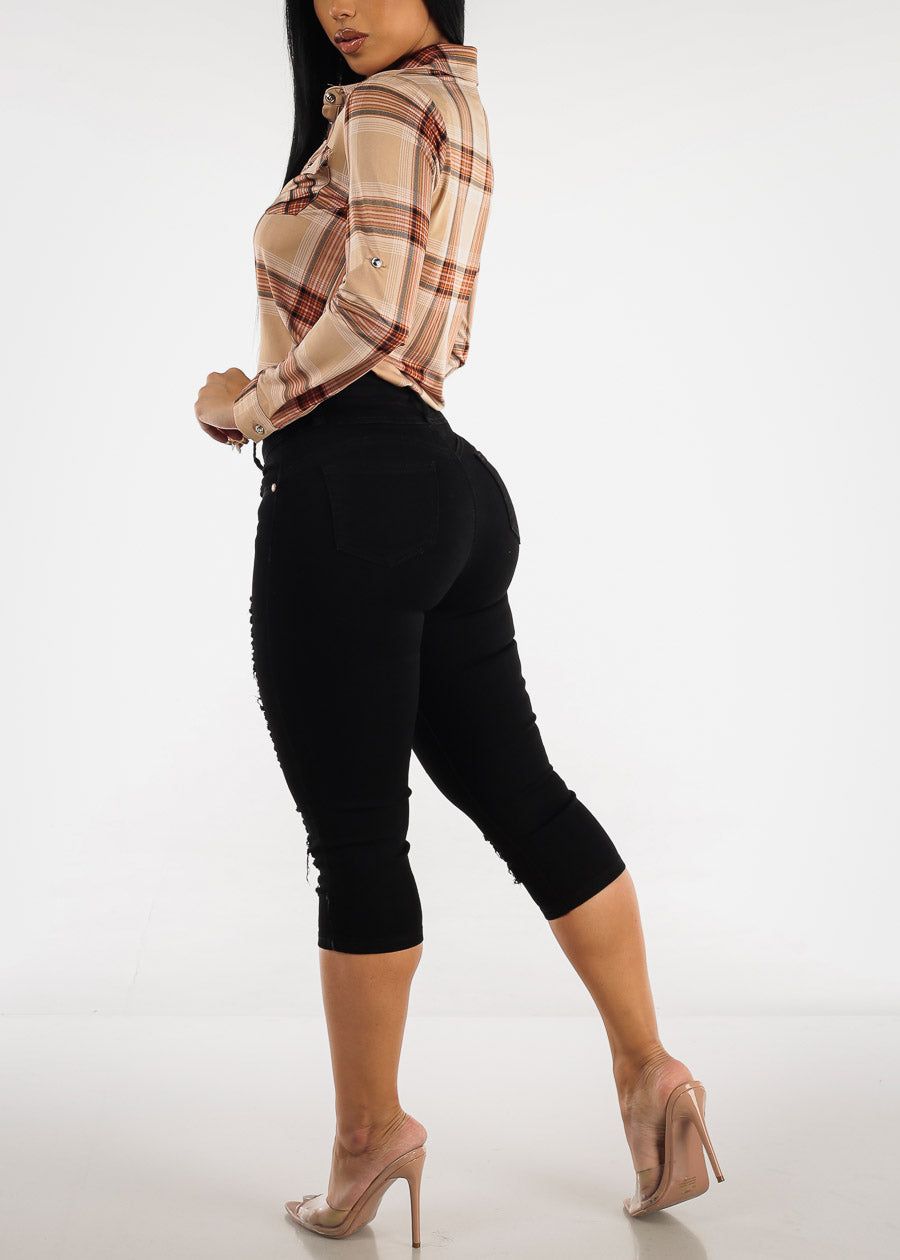 Black High Waist Butt Lifting Ripped Capris sold by Moda product image thumbnail 5