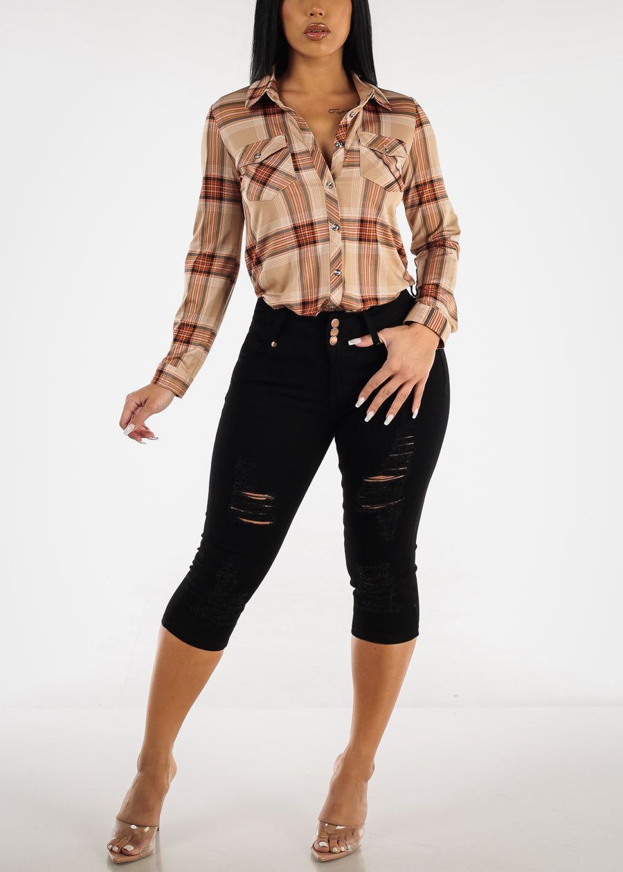 Black High Waist Butt Lifting Ripped Capris sold by Moda product image thumbnail 2