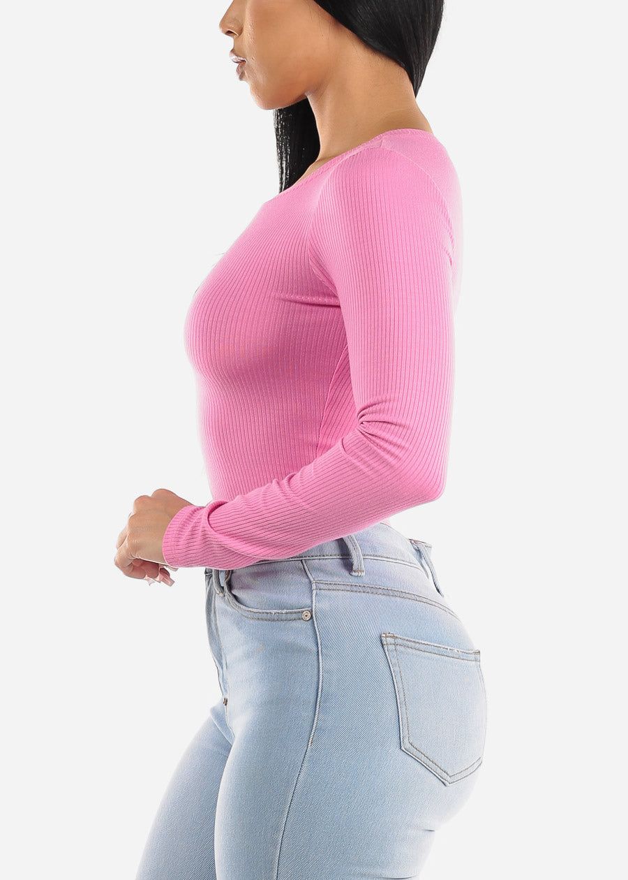 Ribbed Crewneck Long Sleeve Crop Top Pink sold by Moda product image thumbnail 3
