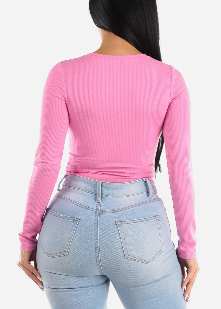Ribbed Crewneck Long Sleeve Crop Top Pink sold by Moda product image thumbnail 4