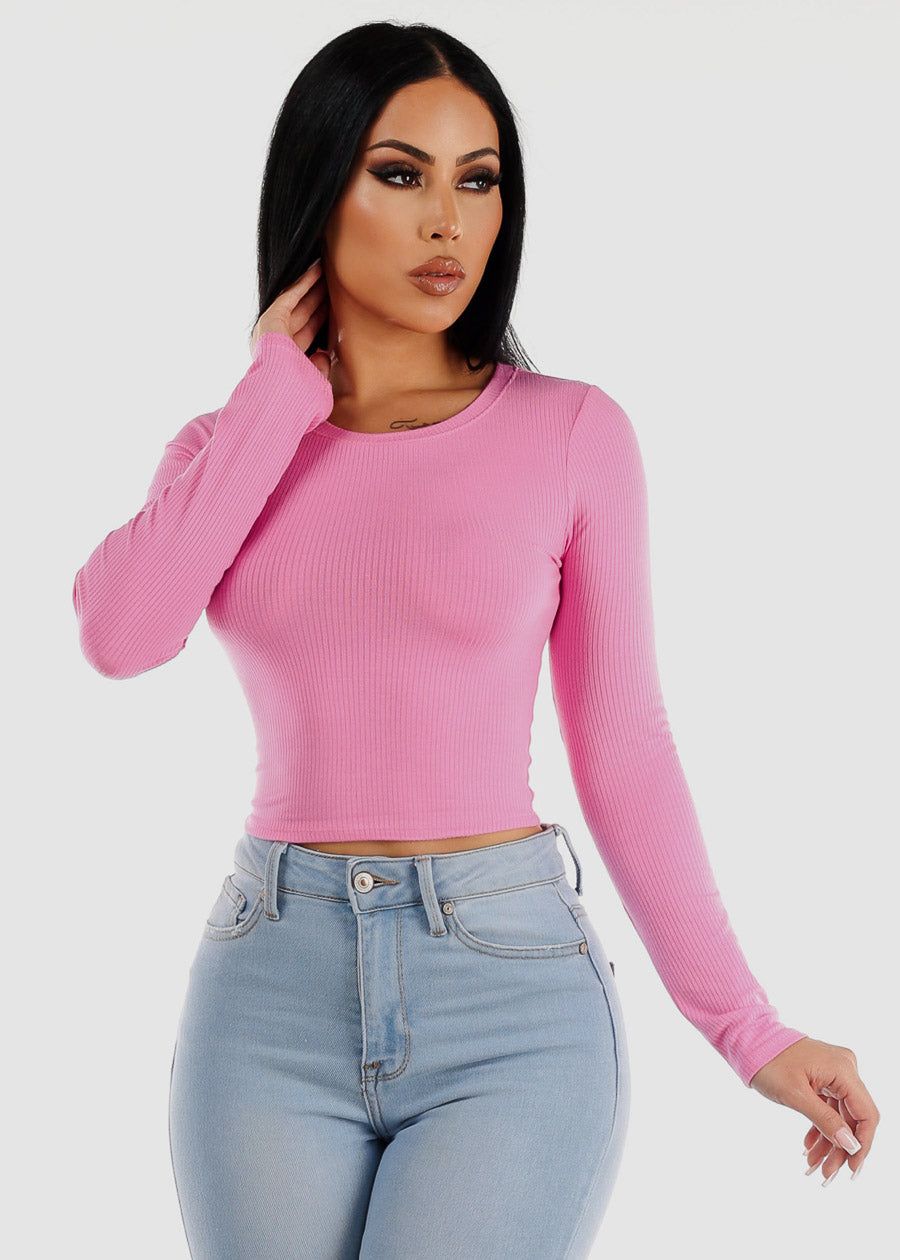 Ribbed Crewneck Long Sleeve Crop Top Pink sold by Moda