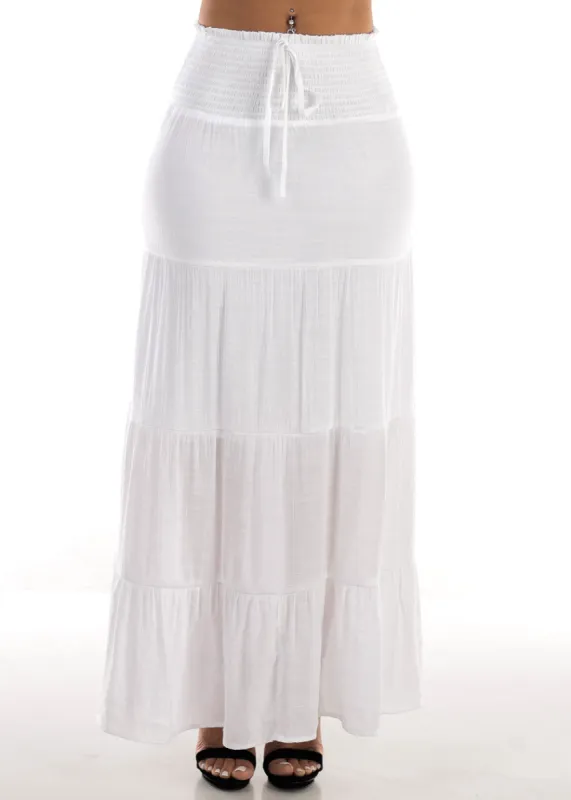 High Rise Spandex Waist White Tiered Maxi Skirt sold by Moda