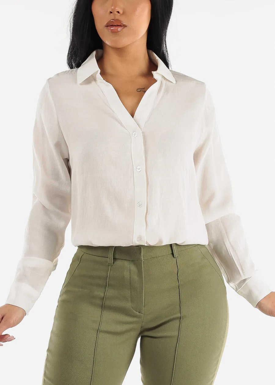 White Long Sleeve Button Down Collared Blouse sold by Moda