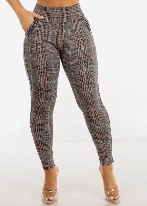 High Waisted Plaid Skinny Pants Brown w Zipper Detail sold by Moda