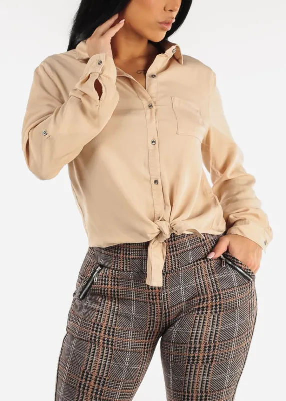 Relaxed Tie Front Collared Khaki Blouse sold by Moda