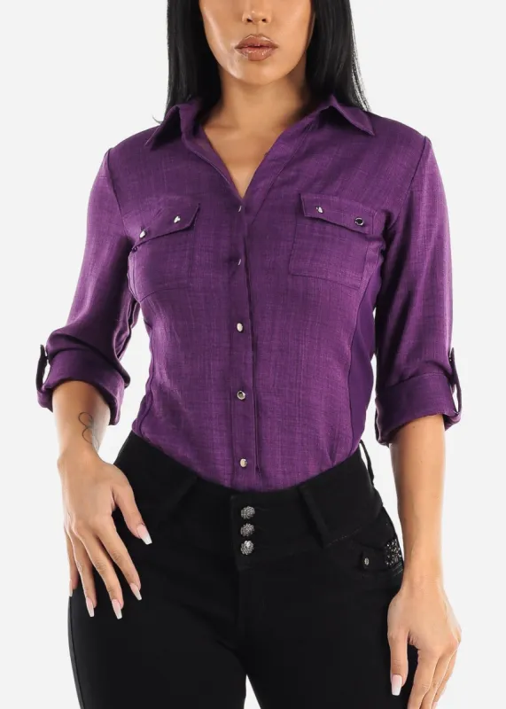 Button Up Shirt Purple Quarter Sleeve sold by Moda