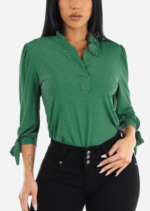 Quarter Sleeve Vneck Printed Blouse Green sold by Moda