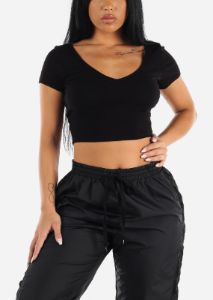 Black V Neck Short Sleeve Ribbed Crop Top sold by Moda