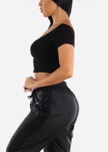 Black V Neck Short Sleeve Ribbed Crop Top sold by Moda