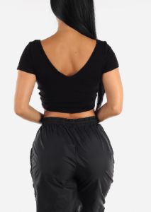 Black V Neck Short Sleeve Ribbed Crop Top sold by Moda