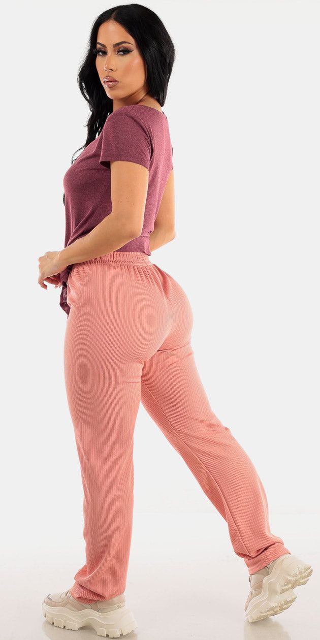 Pink High Rise Straight Leg Pants with Burgundy Short Sleeve Vneck Top sold by Moda product image thumbnail 2