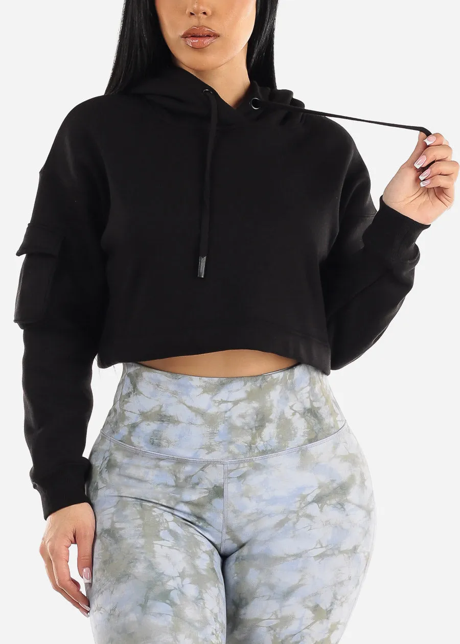 Black Long Sleeve Fleece Cropped Pullover Hoodie sold by Moda
