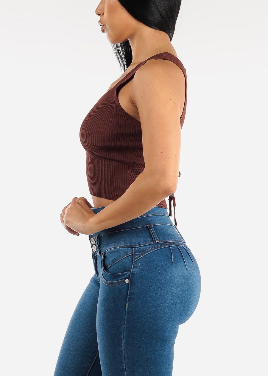 Open Lace Up Back Ribbed Knit Top Brown sold by Moda product image thumbnail 4