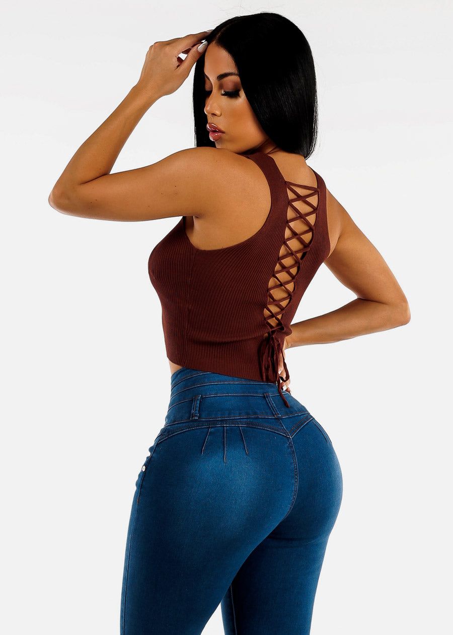 Open Lace Up Back Ribbed Knit Top Brown sold by Moda