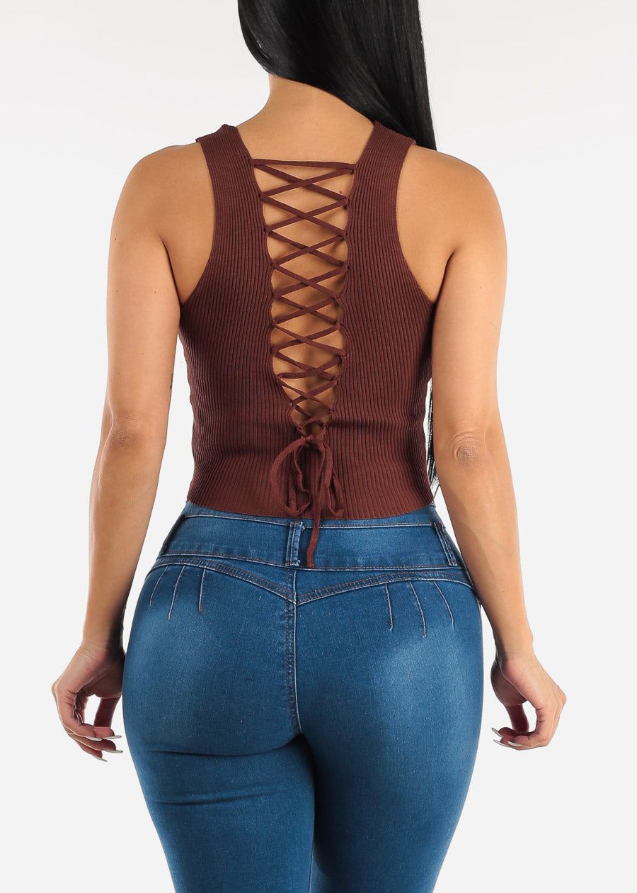 Open Lace Up Back Ribbed Knit Top Brown sold by Moda product image thumbnail 5